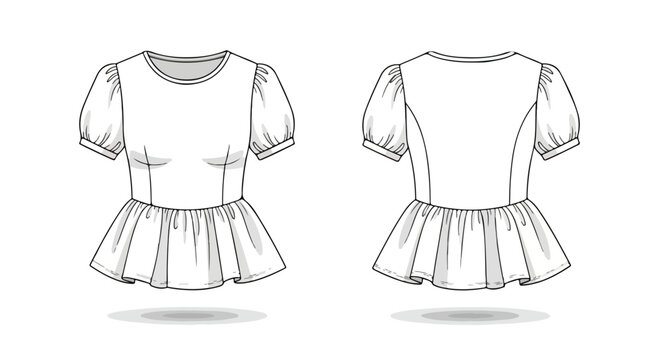 Technical fashion drawing showcasing a women's peplum blouse with puffy sleeves in front and back views