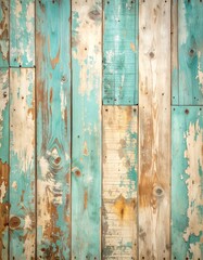 Vertical wooden planks with distressed teal and brown paint showing weathered wood texture