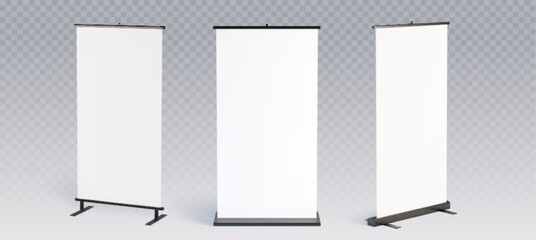Empty mockup roll up banner displays with different stands for marketing and conferences - white retractable screens on transparent background. Professional exhibition signage templates for promotion. © klyaksun