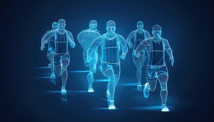 Fast athletes compete in a dynamic relay race with a blue background showcasing energy and skill of each runner in a relay format