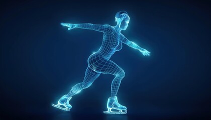 Fototapeta premium Firefly sports figure skating wireframe design against a blue background showcasing a performer in mid-action glide