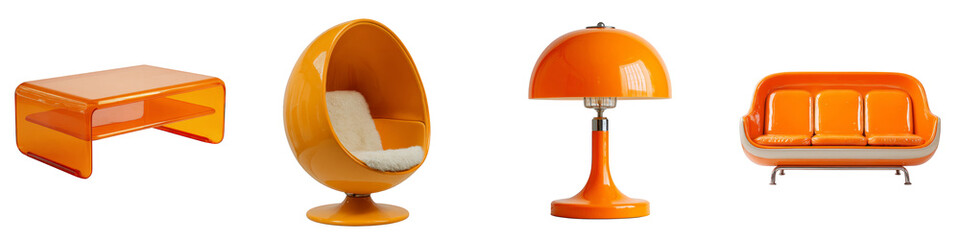 modern orange furniture table chair lamp sofa design on transparent background