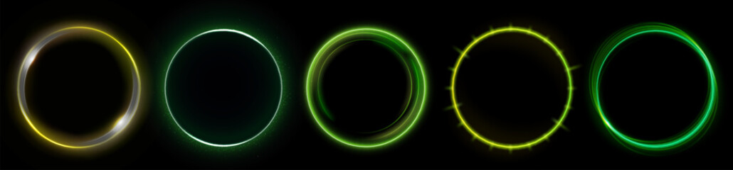 Neon halo rings with green and yellow glow for futuristic interface or gaming design. Circular frames on dark background with vibrant illumination effect. Cyberpunk portal elements collection.