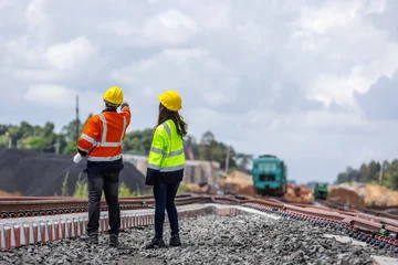 Two railway engineers wearing helmets and reflective jackets inspect new rail tracks under construction. © kamonrat