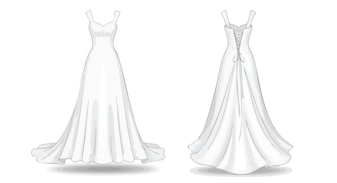 Elegant white wedding gown design showcasing front and back views for bridal fashion and event planning resources
