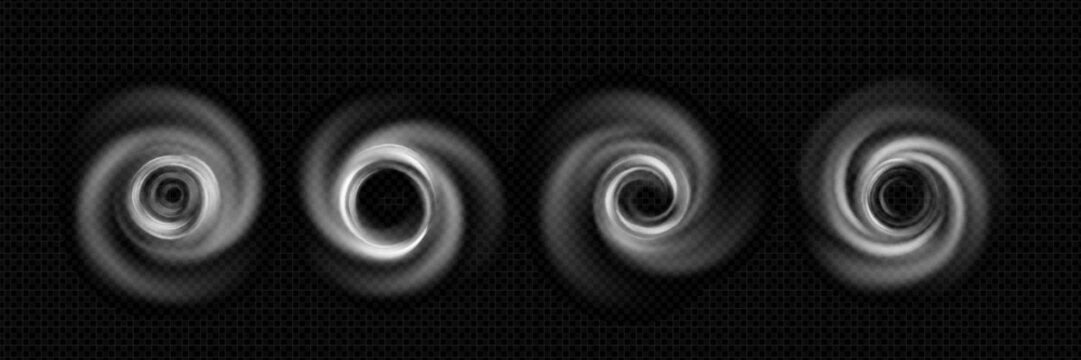 Wind swirl vortex collection with white smoke circles and spiral motion effects for storm or tornado visualization. Transparent whirlwind rings with gradient fade on dark background. Air flow elements