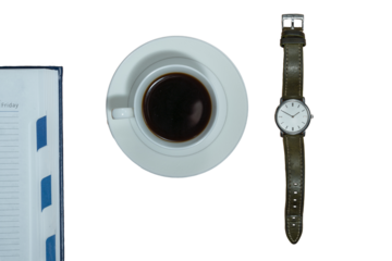 open diary, watch, coffee cup, businessman's set, business picture, background, business style