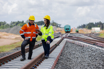 Two engineers wearing safety helmets and high-visibility jackets inspecting a railway track at a construction site.