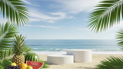 A vibrant tropical beach scene unfolds with lush green palm fronds gracefully framing a serene blue ocean and clear sky. On the soft golden sand, a colorful assortment of fresh, ripe fruits, including - Powered by Adobe