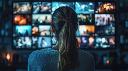 A woman looks at a screen displaying numerous videos while sitting in a dark room.
Suitable for topics related to modern technologies, video hosting, entertainment platforms 