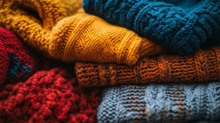 Fototapeta premium Warm knitted sweaters in different colors, neatly stacked in a pile. Used for fall and winter clothing collections, articles about handicrafts, cozy interiors.