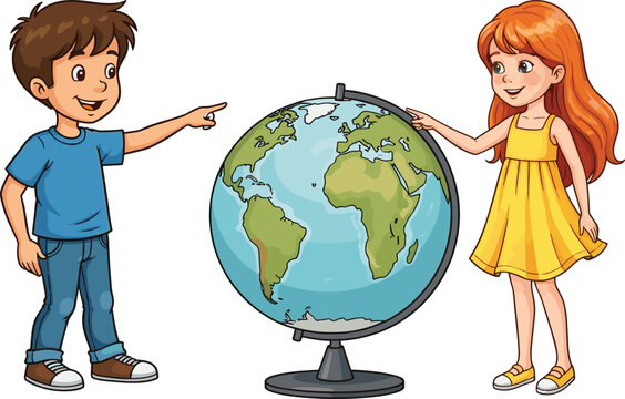 Boy and girl pointing at globe, children learning geography, global education, childhood curiosity, world exploration, teamwork, discovery, educational activity