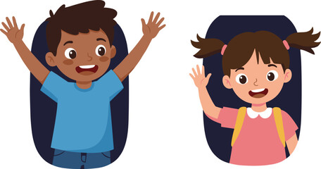 Cartoon children waving, happy kids smiling, diverse friendship illustration, childhood joy artwork, playful characters, education design, welcoming gesture, cheerful vector art