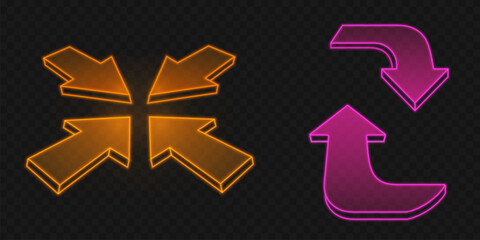 Neon UI arrow designs with orange multidirectional cross and pink curved pointers for game interface or app navigation. Glowing directional symbols with 3d outline effect on dark background.
