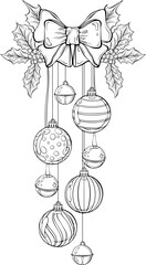 New Year decoration with bell, holly leaves, tree balls. For holiday greeting card, packaging, print, graphic design element. Vector illustration in hand drawn sketch style. Line art isolated on white