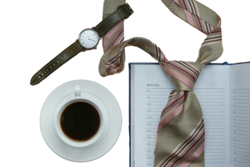 open diary, necktie, watch, coffee cup, businessman's set, business picture, background, business style