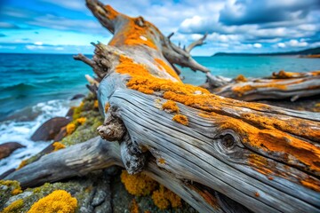 Weathered driftwood with vibrant orange lichen on a rocky shoreline with turquoise ocean water and cloudy sky
