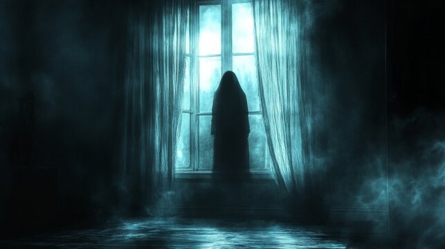 The silhouette of a man in a dark room by a window with heavy curtains and fog outside captures a sense of loneliness and mystery. It can be used in illustrations for books,