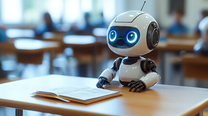 Adorable little robot sitting at a school desk, doing homework &mdash; cartoon-style illustration of a schoolchild android, AI-created, representing school life and technological progress