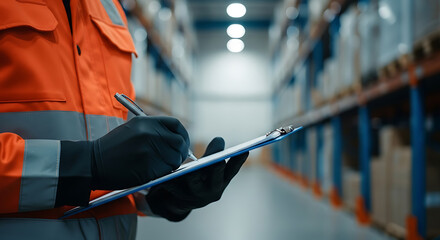 Warehouse worker in orange safety jacket writing on clipboard wearing black gloves, in a blurry warehouse environment.