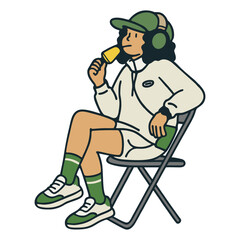 Flat Style Young Woman with Ice Cream Sitting on Chair Illustration