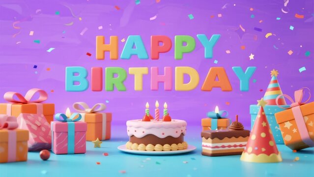 Colorful birthday celebration scene with cake, gifts, and confetti on a vibrant background