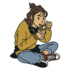 Cartoonish Line Art Young Woman Eating Noodles Sitting Down Illustration