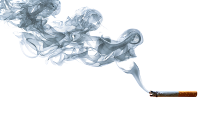 Burning cigarette with thick swirling smoke against black background for anti-smoking campaign design