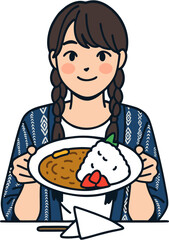 Cartoon Style Woman Holding Plate with Curry and Rice Illustration
