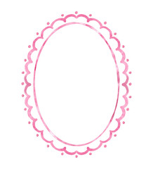 Pink watercolor scalloped oval frame.  Minimalist hand drawn illustration isolated on white background.