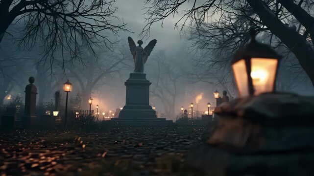 The video is a landscape of a cemetery at dusk or on a foggy day. In the center of the composition stands a statue of an angel standing on a pedestal.