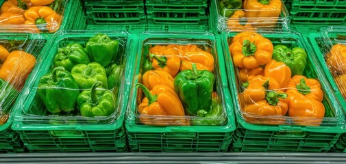 The Bell Peppers Displayed in Plastic Trays on Green Crates at Market