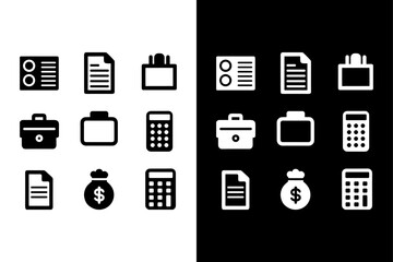 Finance Icons — Calculator, Tax Form, Receipt, Coins, Ledger on Black and White Background.