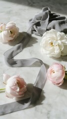 Soft pink and white flowers arranged with gray ribbon on a marble surface