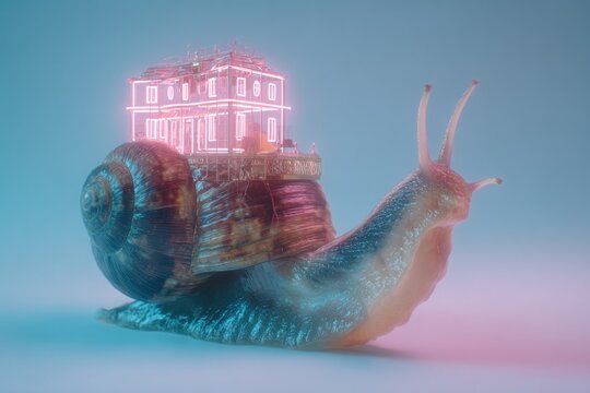 giant snail carrying a neon house on its back, surreal slow living lifestyle metaphor