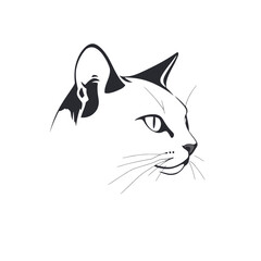 A minimalist illustration of a cat's head in profile, rendered in black and white.