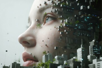Digital fusion of a human face and urban cityscape with pixelated elements
