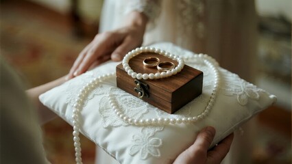 Wedding rings placed on a wooden box with pearls, held on a white cushion by hands