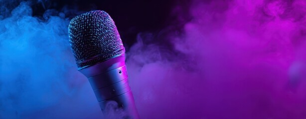 The microphone glowing in neon smoke on a dramatic stage for live performance