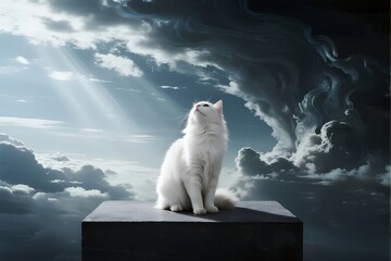 White cat sitting on a pedestal against a dramatic cloudy sky with sunlight breaking through