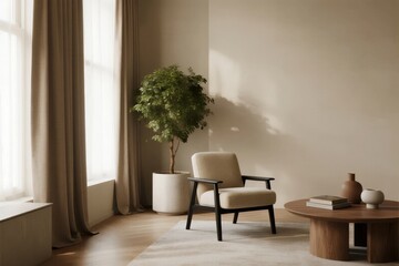 Minimalist living room with armchair, potted plant, and natural light