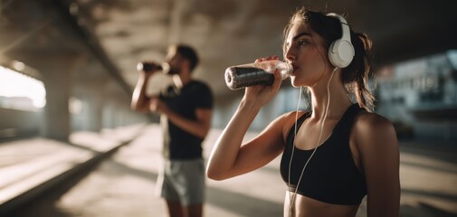 The Woman Drinking From Bottle During Urban Workout Underpass Morning Light
