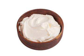 Dip sauce with Fresh Sour cream in a bowl isoalted on white background. top view