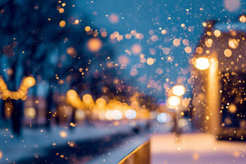 Falling snow creating warm bokeh lights at night