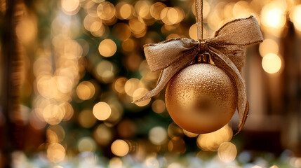 Golden christmas ornament hanging against blurred lights