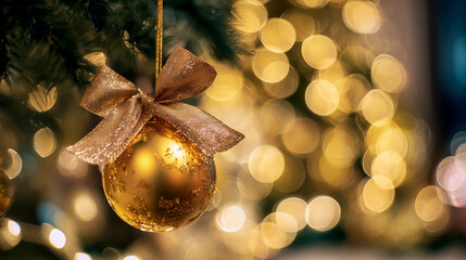Gold christmas ornament hanging on tree