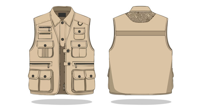 Fashionable and Functional Outdoor Apparel: A Detailed Vector Illustration of a Utility Vest with Multiple Pockets perfect for explorers