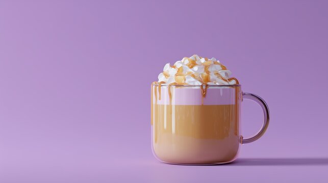 latte with whipped cream and caramel topping in glass cup on purple background