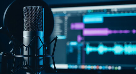 Studio microphone with pop filter stands in front of a computer screen showing an audio editing program.