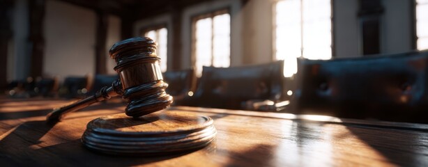 The Gavel on a Judge's Bench in an Empty Sunlit Courtroom